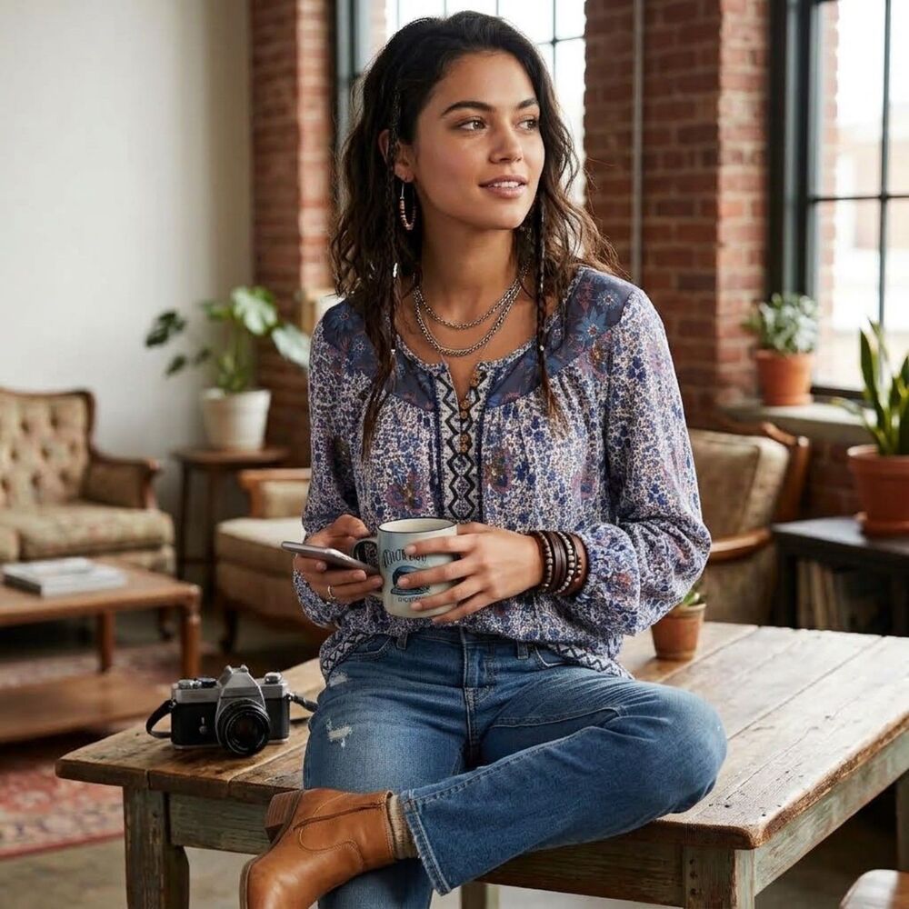 Lucky Brand Peasant Blouse Top L Blue Floral Boho Whimsy Fairy Cottage Y2K Ditsy